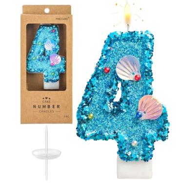 Imagem de PHD CAKE Velas de aniversário com glitter sereia número 4, velas com número de sereia, velas com número de bolo, celebração de festa