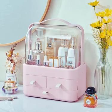 Imagem de Porta Maquiagem e Organizador de Joias Multiuso – Acrílico Transparente com 3 Gavetas e Tampa Flip Top, Compartimentos para Cosméticos, Bijuterias e Acessórios, Rosa