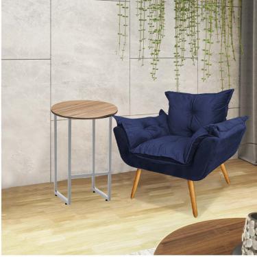 Imagem de Kit Poltrona Opala Com Mesa Will Ferro Prata Tampo Redondo Castanho Sintético Azul Marinho