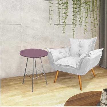 Imagem de Kit Poltrona Opala Com Mesa Ferro Prata Tampo Redondo Rose Sintético Branco