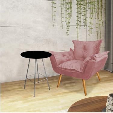 Imagem de Kit Poltrona Opala Com Mesa Ferro Prata Tampo Redondo Preto Suede Rose Gold