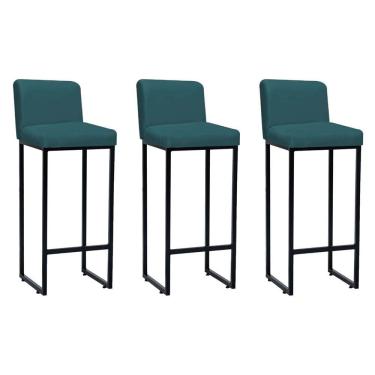 Imagem de Kit 03 Banqueta Alta Com Encosto Lucca Industrial Ferro Preto Suede Azul Turquesa - Amey Decor