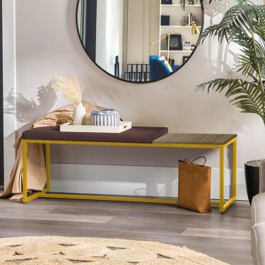 Imagem de Banco Recamier Puff 195cm Industrial Dourado Corino Marrom Tampo Quadrado Mdf Caramelo