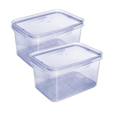 Imagem de " Kit 2 Pote Hermético Retangular 4 Litros Empilhável Transparente Escorredor 4 Travas Para Frutas Verduras e Legumes - Organizador de Geladeira e Alimentos Com Anel de Vedação em Silicone"