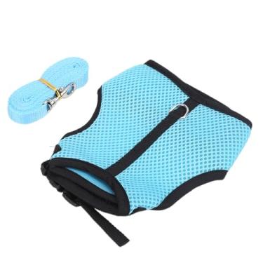 Imagem de Arnês de Coelho e Coleira, Colete de Malha Respirável para Coelho, Arnês Cobaias Ajustáveis, Coleira para Caminhada Furão, Chicote Animais Estimação Pano Algodão e Colar (Azul claro)