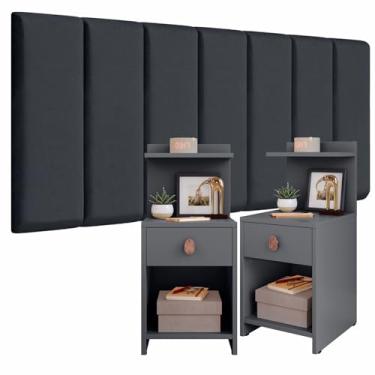 Imagem de Conjunto com 2 un Mesa de Cabeceira com Gaveta e Prateleira Com Puxador Boss + Kit de Cabeceira Módulos Adesivas 45x20 (PLACAS CINZA/KIT BOSS CINZA, SOLTEIRO 0.90 (5 PLACAS))