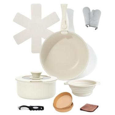 Imagem de Boryenty Conjunto De 11 Panelas E Frigideiras Antiaderentes, Utensílios Cerâmica Com Alça Removível, Design Compacto, Branco Bacia Dobrável, Luvas Silicone, Forros Para Fritadeira A Ar, Descascador,