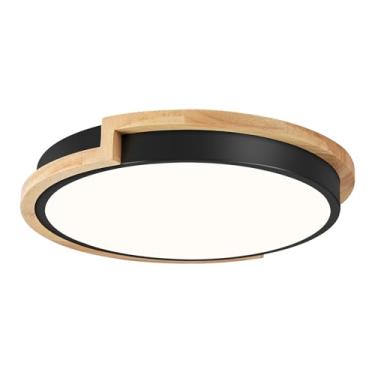 Imagem de Peblto Luminária De Teto Moderna Led, Redonda Embutida, Preto Fosco Com Detalhes Em Madeira, Iluminação Minimalista Para Cozinha, Quarto, Entrada, Lavanderia, Corredor 11,8 Pol.