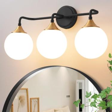 Imagem de Ritakcdn Luminárias Para Banheiro, De Penteadeira Em Preto E Dourado Sobre O Espelho, Arandela Parede Moderna Estilo Fazenda, Iluminação 3 Luzes Com Cúpulas Vidro Branco Leitoso