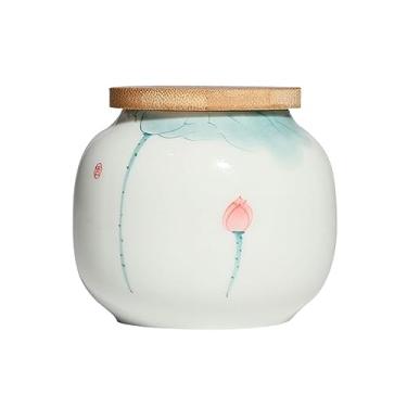 Imagem de Lata de chá Lótus pintado à mão pequeno selado folha solta vasilha de chá lata de doces de cerâmica decoração de cozinha pote de especiarias Caixa de chá