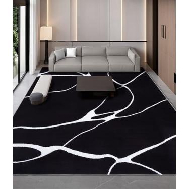 Imagem de YIHOUSE Tapete de área lavável moderno para sala de estar e quarto - Tapete grande abstrato preto e branco antiderrapante ultrafino para decoração de casa (deformação escura, 2,5 x 2,5 m)
