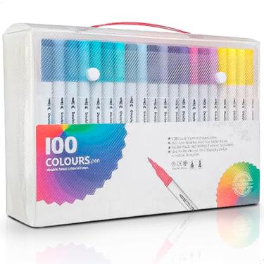 Imagem de Kit de Canetas Artísticas 100 Cores Ponta Dupla Brush Pen Base de Água Secagem Rápida Ideal para Desenho e Colorir