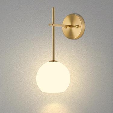 Imagem de Arandela de parede dourada operada por bateria, luzes de parede sem fio recarregáveis com sombra de vidro fosco branco leitoso, 12 RGB e 3CCT reguláveis, lâmpadas de parede com controle remoto para