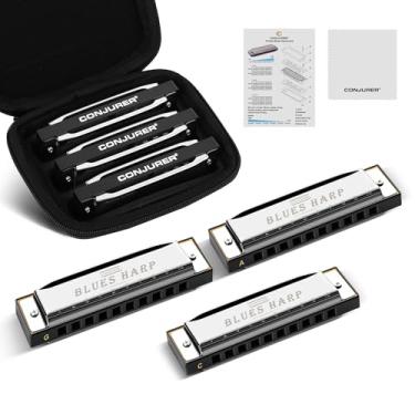 Imagem de CONJURER Conjunto de 3 chaves de gaita diatônica Blues, conjunto de gaita diatônica de 10 furos para crianças iniciantes órgão de boca metal blues harpa pacote com 3 com capa, prata