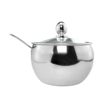 Imagem de Açucareiro Inox Tampa De Vidro Colher Acabamento Cromado Cozinha