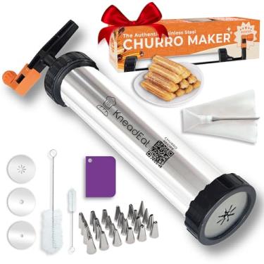 Imagem de Kit Churro Maker com alça impulsionadora. Aço inoxidável 304. Churrera e saco de confeitar XL Churros Filler. QR-Recipe fácil - prensa KneadEat Churro.