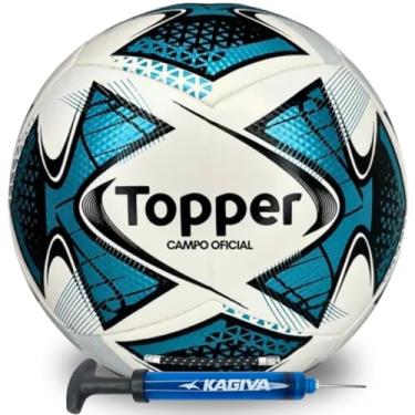 Imagem de Kit Bola De Futebol Campo Topper 22 Oficial Tamanho 5 Laminado PU Colada 6 Gomos Alta Durabilidade Resistente Profissional Leve Jogo Competição + Bomba De Ar Manual Dupla Ação Com 2 Bico Metálico