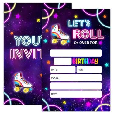 Imagem de JJOINUS Convite de festa de aniversário de patins, Let's Roll Neon Convites para adolescentes meninos meninas, cartões de convite de festa, 20 decorações e suprimentos de lembrancinhas de festa de