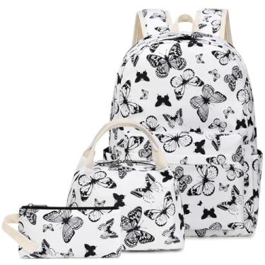Imagem de Joyfulife Mochilas infantis para meninas, mochilas para adolescentes, mochila para estudantes, mochila com lancheira 3 em 1, Borboleta branca, Large, Floral
