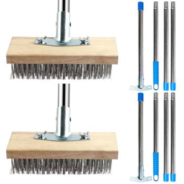 Imagem de Pacote com 2 escovas de aço inoxidável com haste removível de 4 seções, escova de manchas de deck de 165 cm com cabo longo, vassoura de pressão para uso ao ar livre, resistente para piso de concreto