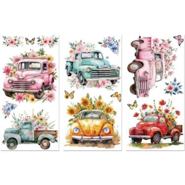 Imagem de Peacoblue Adesivo de transferência para decoração de artesanato de móveis, flores e caminhões, 3 peças à prova d'água UV DTF para lingerie, baús, gaveta, cômoda, vidro, porcelana, madeira, plástico