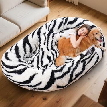 Imagem de Cama para cães humanos, 199 x 119 x 35 cm, tamanho adequado para adultos e animais de estimação, cama de cachorro gigante lavável com cobertor, listras de zebra