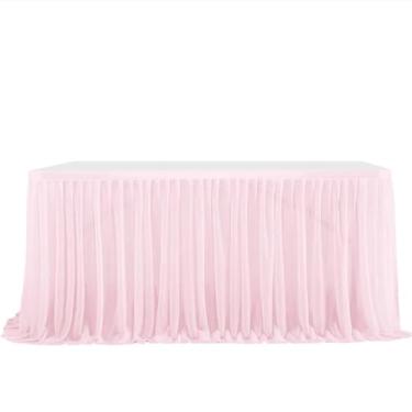 Imagem de Saia de mesa de festa opcional de 6/9 pés, toalha de mesa plissada para aniversário, sobremesa, capa para casamento, chá de bebê festivo, decoração para casa, rosa claro, 9 pés, 77 x 275 cm
