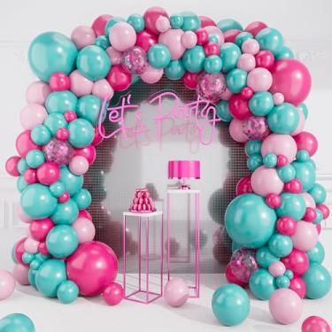 Imagem de Deiiom Kit de guirlanda de arco de balões rosa choque e azul-petróleo - balão rosa macaron rosa choque balão confete 124 peças para chá de bebê, revelação de gênero, aniversário de crianças, casamento