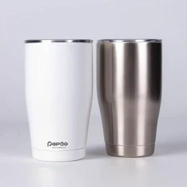 Imagem de Copo Térmico Parede Dupla em Aço Inox Branca 350ml com Alça Ergonômica - Estilo Liso