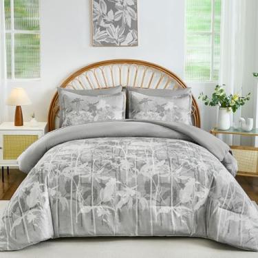 Imagem de Drucon Conjunto de edredom Queen, floral, cinza, 7 peças, planta botânica, dente-de-leão, cama em um saco, Queen, conjunto completo de microfibra macia com lençóis para todas as estações