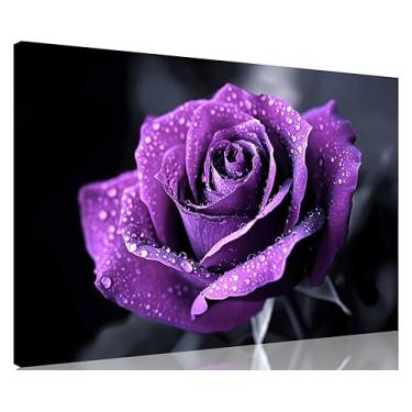 Imagem de TutuBeer 1 painel de imagens de flores roxas arte de parede em tela roxo preto e branco rosa roxa com gotas de orvalho pintura em tela esticada e emoldurada para decoração de casa sala de estar 50 x