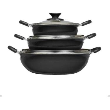 Imagem de Kit Com 3 Frigideiras Panelas Wok Antiaderentes Com Tampa - Alumínios 