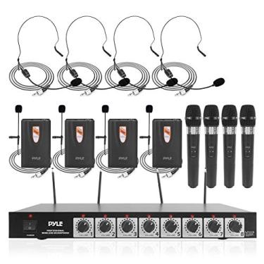 Imagem de Pyle Sistema De Microfone Sem Fio De 8 Canais - Conjunto De Microfone De Áudio Vhf Profissional Com Fone De Ouvido/Bodypack, 4 Clipes De Lapela, 4 Microfones De Mão Para Igreja, Canto, Karaokê, Conf