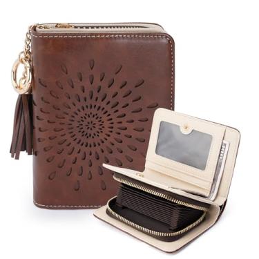 Imagem de Carteira pequena feminina de couro genuíno com bloqueio de RFID, ultrafina, dobrável, com bolso para moedas, vários compartimentos para cartões, 06 cafés, Vintage