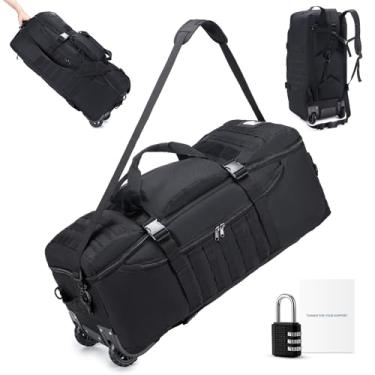 Imagem de SUCIKORIO Mochila de viagem tática com rodas e alça 3 em 1, grande, 85 L, GG, mochila de viagem, impermeável, Oxford, bolsa de mão com cadeado combinado, Preto