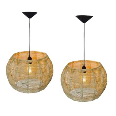 Imagem de Kit 2 Luminárias De Palha Aramada Oriental Pendente Redondo