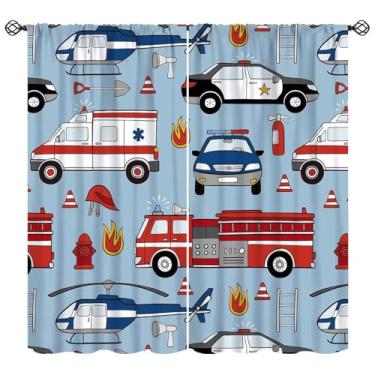Imagem de Wallira Cortinas azuis de carro com desenho animado para meninos, caminhão de bombeiros, ambulância, carro de polícia, helicóptero, decoração com bolso para varão, tratamentos de janela para bebês