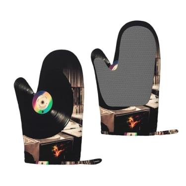 Imagem de Luvas de forno de silicone resistentes ao calor, luvas de cozinha forradas de algodão grosso, conjunto de 2 pegadores de panela longos, flexíveis, luvas de cozinha à prova d'água, discos de vinil para