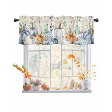 Imagem de Cortinas de outono para janelas de Ação de Graças, sanefas azuis, abóboras, tratamentos de janela, ramo de folhas de eucalipto, cortinas curtas para cozinha, sala de estar, quarto, banheiro, decoração