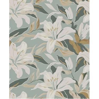 Imagem de VOLEAAR Papel de parede floral de lírio extralongo descasque e cole, 43 cm x 93 cm, papel de parede de flores boho para armário de cubículos, vinil autoadesivo, papel de contato botânico, verde sálvia