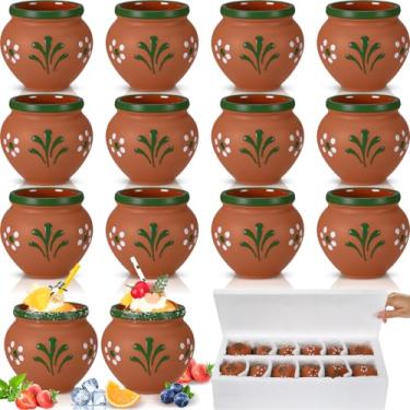 Imagem de Gejoy 12 peças de 85 g Cantaritos De Barro Pote de Argila Mexicana Canecas de Argila Floral Fiesta De Barro Mexicanos Copos de Coquetel para Tequila, Margaritas, Mojitos Bebidas Frias e Quentes