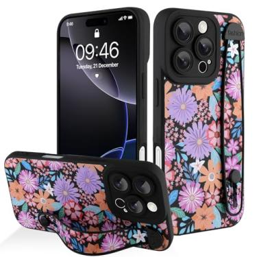 Imagem de AIGOMARA Capa para iPhone 16 Pro com alça para mulheres e meninas, linda estampa de flores florais coloridas, capa protetora de silicone com suporte de faixa macia, preta