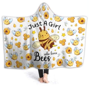 Imagem de Cobertores com capuz Honeycomb Girl Loves Bees Bees para sofá, sofá, abelhas, cobertor usável, supermacio, leve, presente quente para crianças - 101 x 127 cm para crianças
