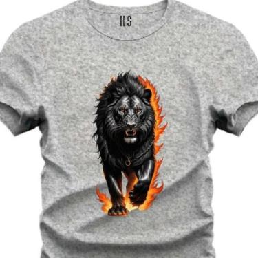 Imagem de Camiseta Personalizada Leão Sobre Fogo Do P ao Plus - Hs, Cinza, G2