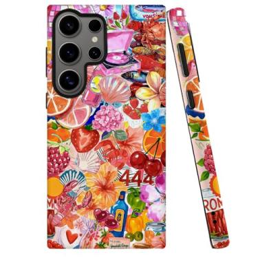 Imagem de DJSOK Compatível com Samsung Galaxy S24 Ultra, PC fosco antiarranhões à prova de choque - Colagem de frutas retrô clássica
