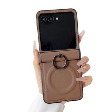 Imagem de Suporte magnético clássico de anel de couro e metal para capa Samsung Z Flip 6 5 4 3 5g com fivela de dedo e capa à prova de choque (para Galaxy Z Flip5/marrom)