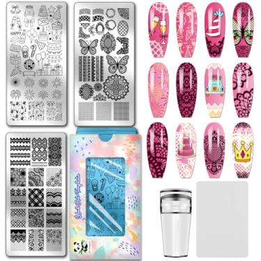 Imagem de PH PandaHall 3 peças padrão de renda placa de carimbo de unha celebração elemento impressão arte modelo de aço inoxidável placa de imagem de unha renda borboleta modelo de arte para mulheres impressão