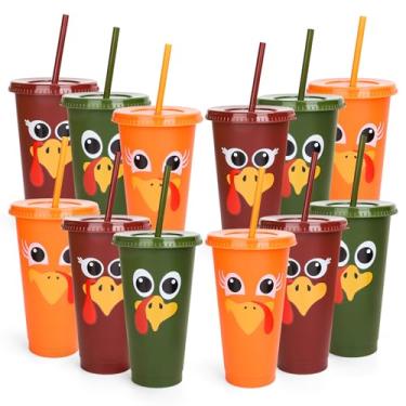 Imagem de Whaline 24 peças de copo de plástico de peru de ação de graças com tampas canudos engraçados coloridos rosto de peru copos reutilizáveis 680 g caneca de viagem de outono copos para café gelado bebidas