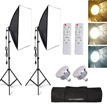 Imagem de FOTOCREAT Kit de iluminação fotográfica Softbox, sistema profissional de iluminação contínua de 19,7 x 27,5 cm com soquete E27 de 200 W, lâmpadas LED e controle remoto, para fotografia de estúdio
