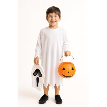 Imagem de Fantasia Infantil Fantasma Criança Halloween Vestido Roupa Fantasminha Panico Balde de Abóbora (Branco, M (veste 5 a 6 anos))